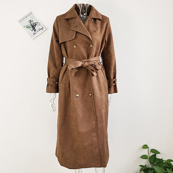 Double Breasted Lapel Shift Coat With Belt Fashion Vintage Suede Long Coat Winter Outwear Women's Clothing DON JUAN