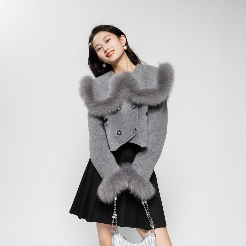 Fox Fur Lapel Sweet Small Short High Waist Woolen Coat DON JUAN