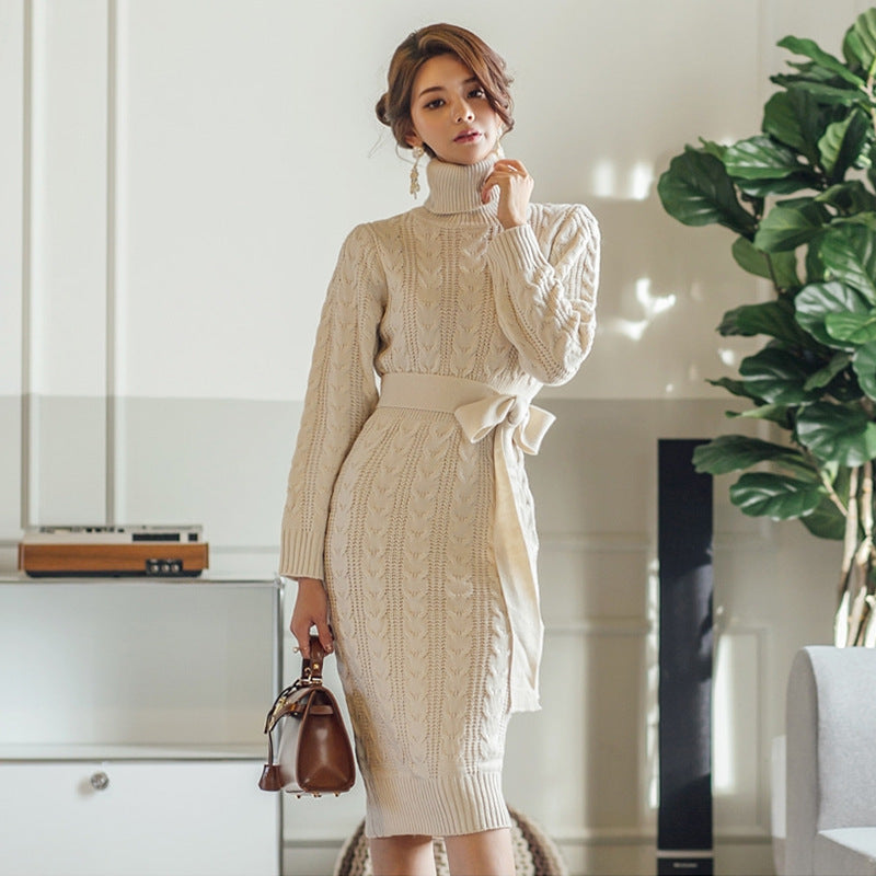 High Collar Twist Lace-up Waist Mid-length Sweater Dress DON JUAN