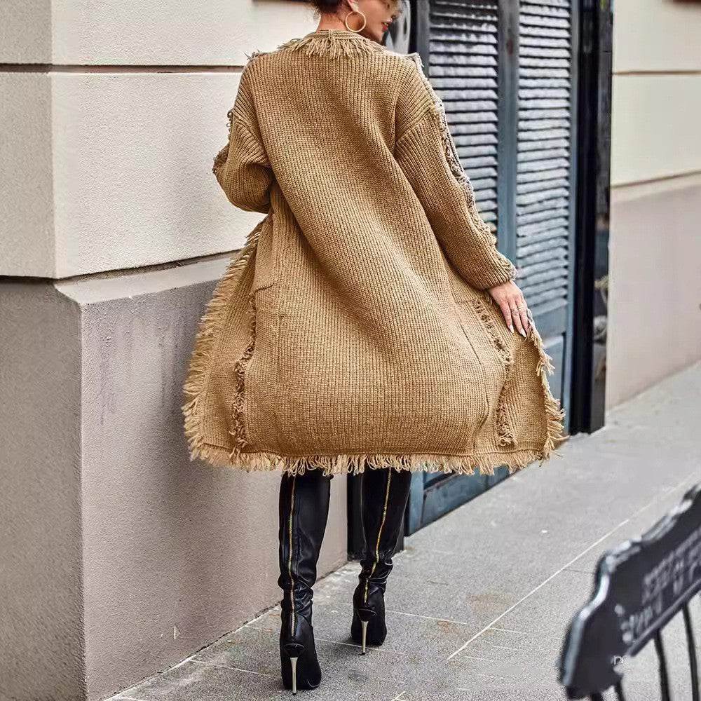 Lapel Tassel Long Knitted Coat 