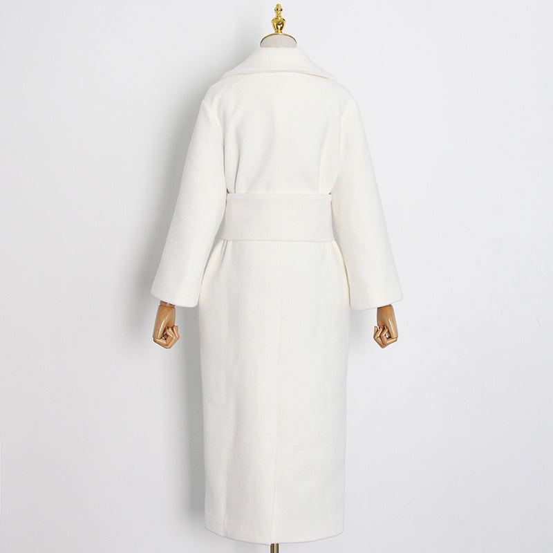 Lapel Waist White Mid-length Woolen Coat DON JUAN