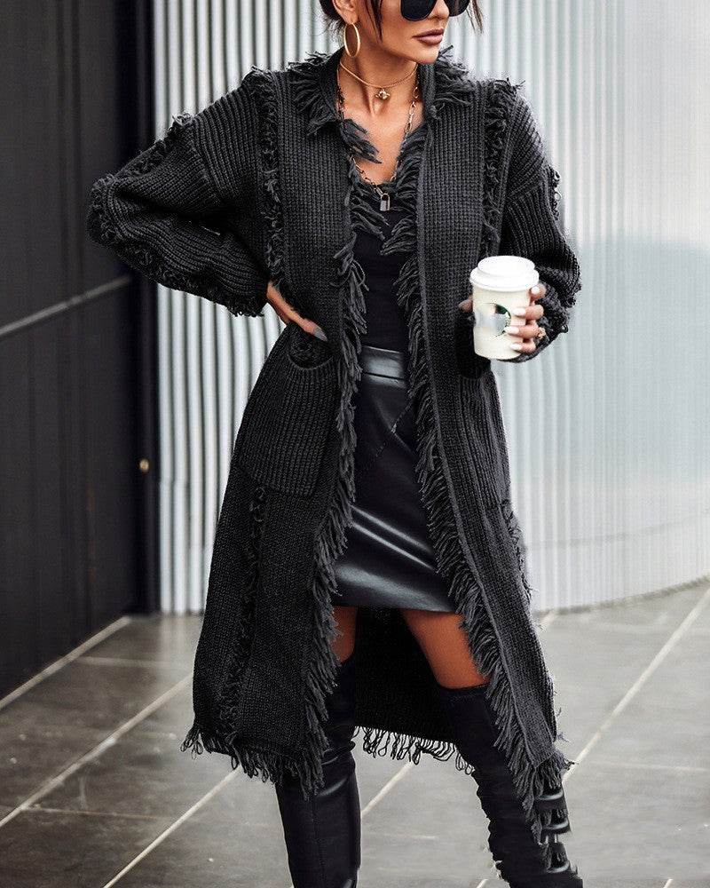 Lapel Tassel Long Knitted Coat 