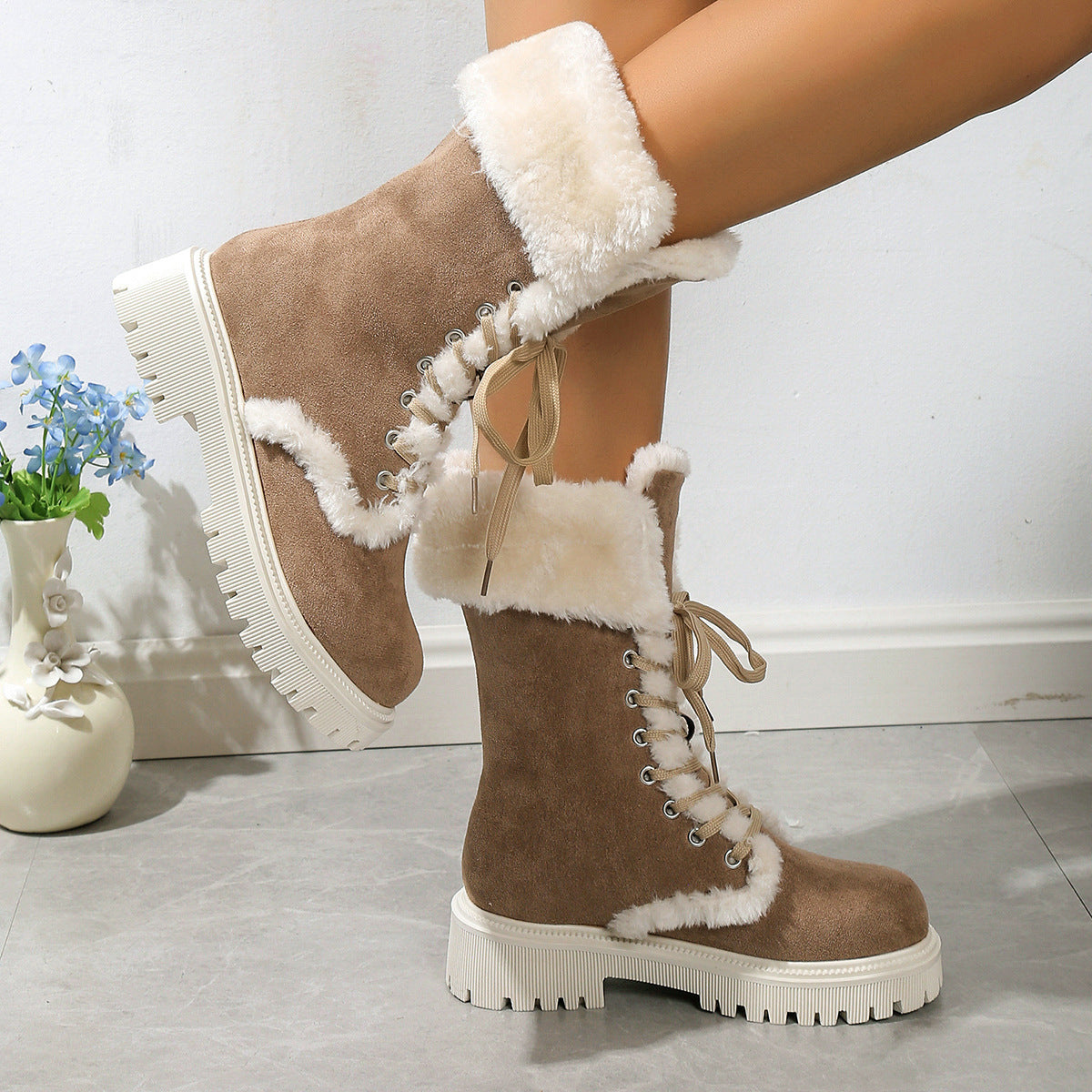 Winter Lace-up Snow Boots For Women Mid-tube Fleece Shoes Warm Chunky Heels Plush Boot DON JUAN