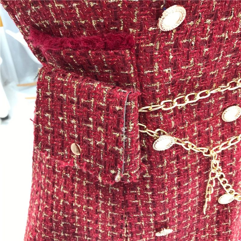 New Gold thread Plaid Suit Coat Women Notched Double breasted Feather Tassel Trim Slim Tweed Jacket With Free Belt bag DON JUAN