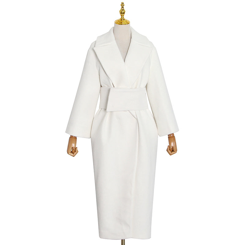 Lapel Waist White Mid-length Woolen Coat DON JUAN