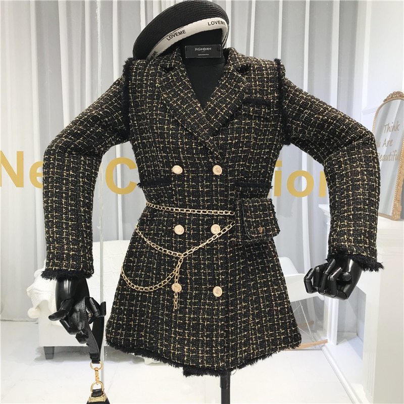 New Gold thread Plaid Suit Coat Women Notched Double breasted Feather Tassel Trim Slim Tweed Jacket With Free Belt bag DON JUAN