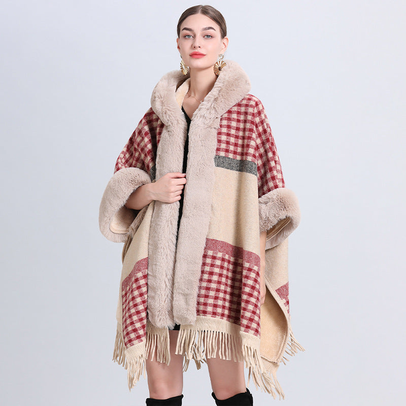 Loose Plaid Plus Cashmere Fur Collar Knitted Inverness DON JUAN