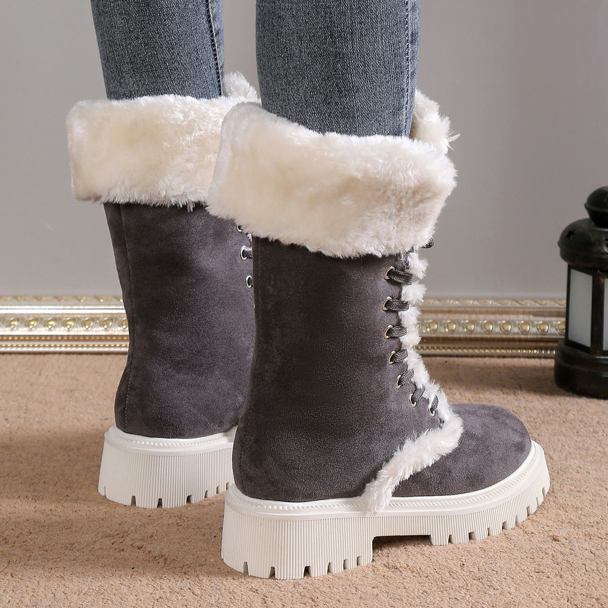 Winter Lace-up Snow Boots For Women Mid-tube Fleece Shoes Warm Chunky Heels Plush Boot DON JUAN