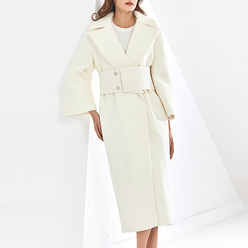 Lapel Waist White Mid-length Woolen Coat DON JUAN