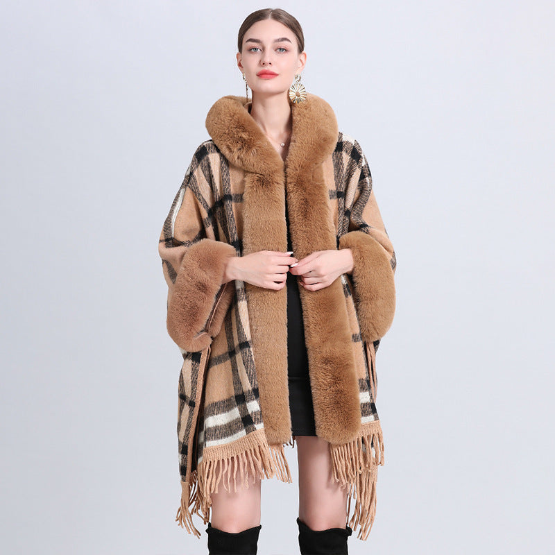 Loose Plaid Plus Cashmere Fur Collar Knitted Inverness DON JUAN