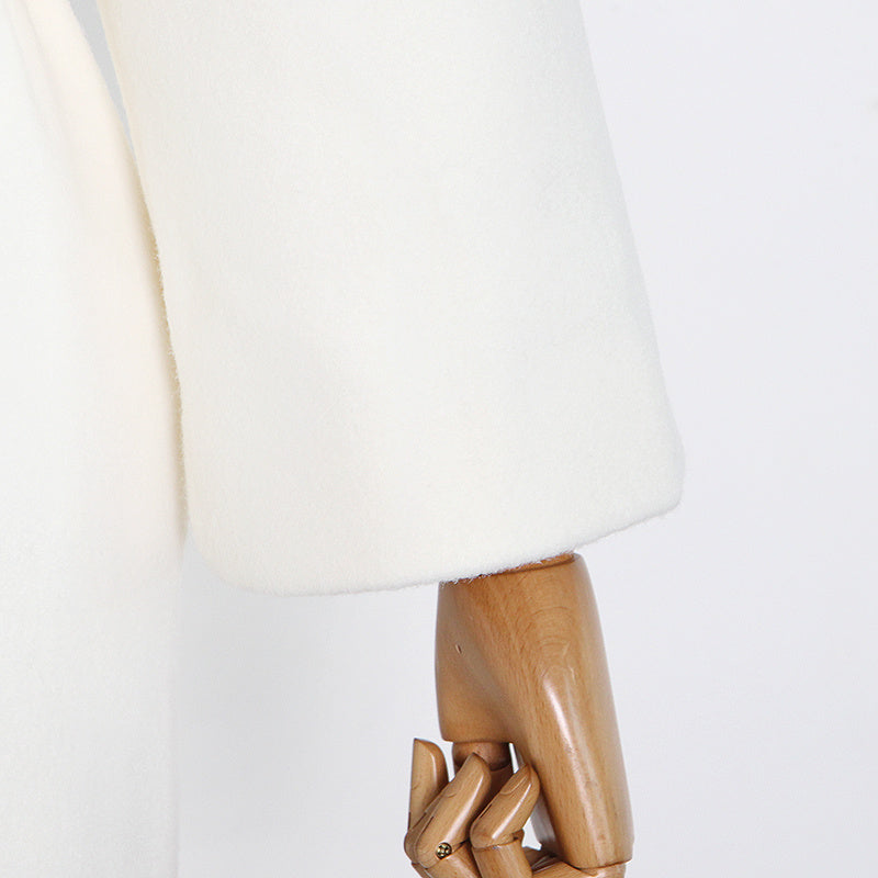 Lapel Waist White Mid-length Woolen Coat DON JUAN