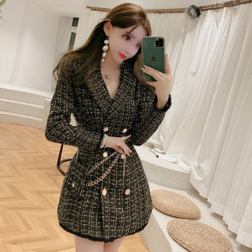 New Gold thread Plaid Suit Coat Women Notched Double breasted Feather Tassel Trim Slim Tweed Jacket With Free Belt bag DON JUAN