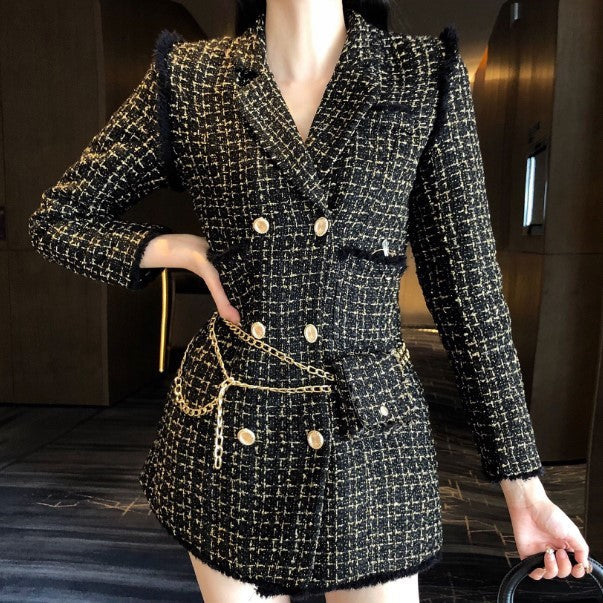 New Gold thread Plaid Suit Coat Women Notched Double breasted Feather Tassel Trim Slim Tweed Jacket With Free Belt bag DON JUAN