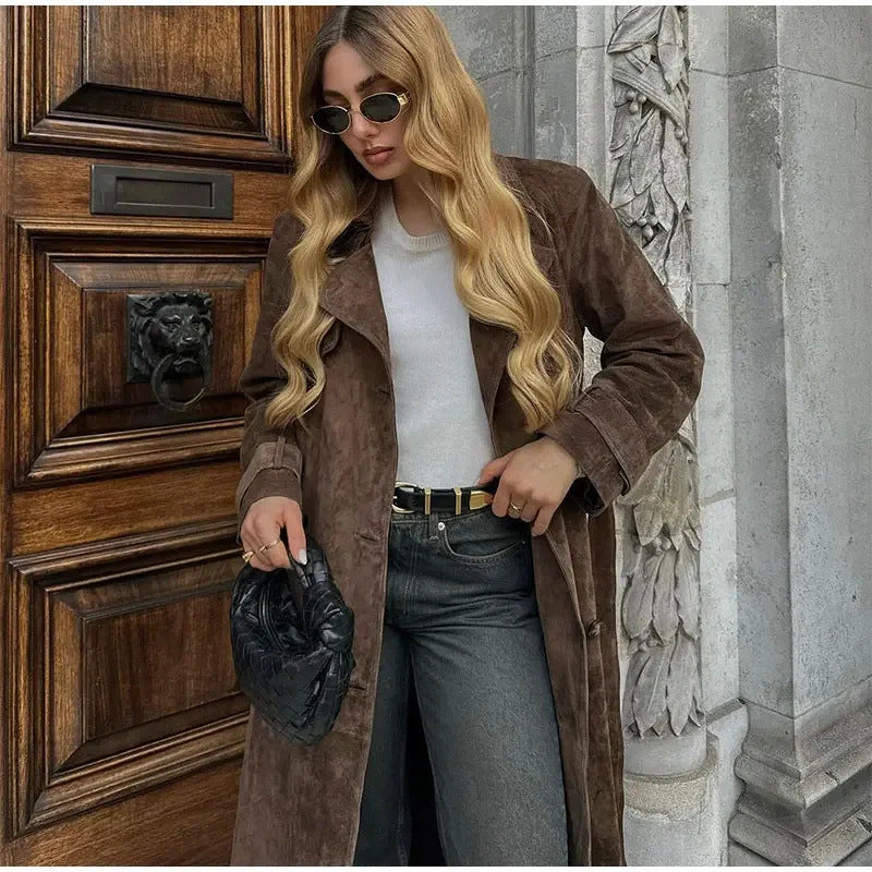 Double Breasted Lapel Shift Coat With Belt Fashion Vintage Suede Long Coat Winter Outwear Women's Clothing DON JUAN