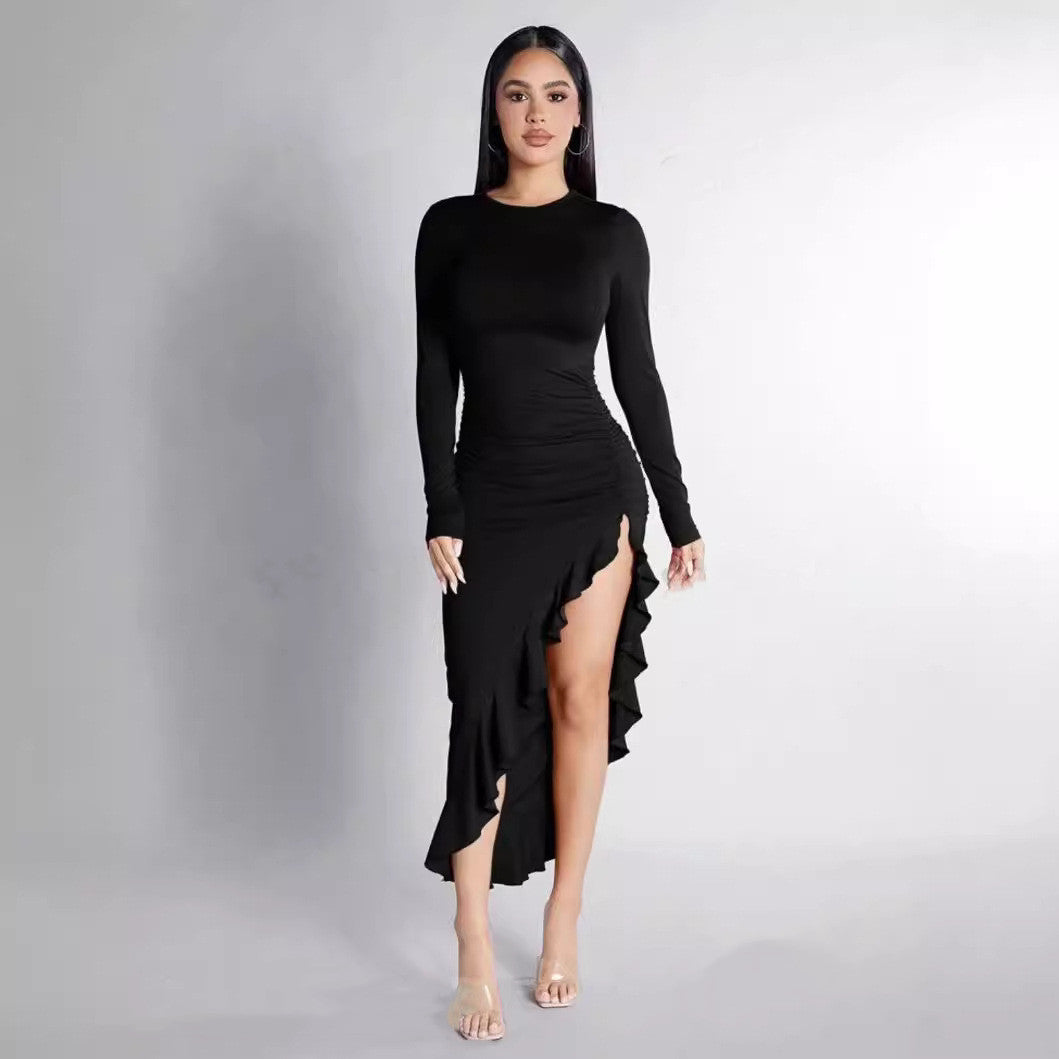 Round Neck Long Sleeve Slim Solid Color Frill Split Ruffled Dress DON JUAN