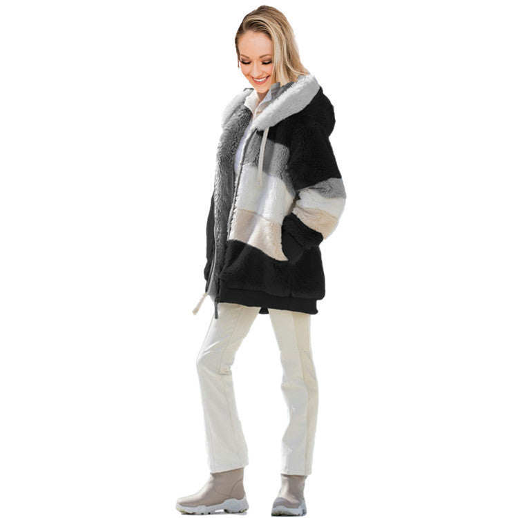 Women's Loose Plush Multicolor Hooded Jacket DON JUAN