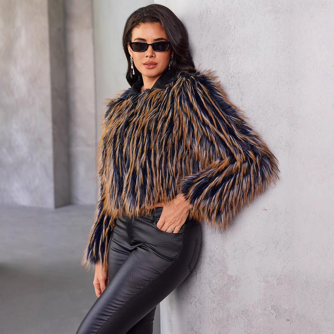 Women's Fur Coat Winter Warm Contrast Color DON JUAN