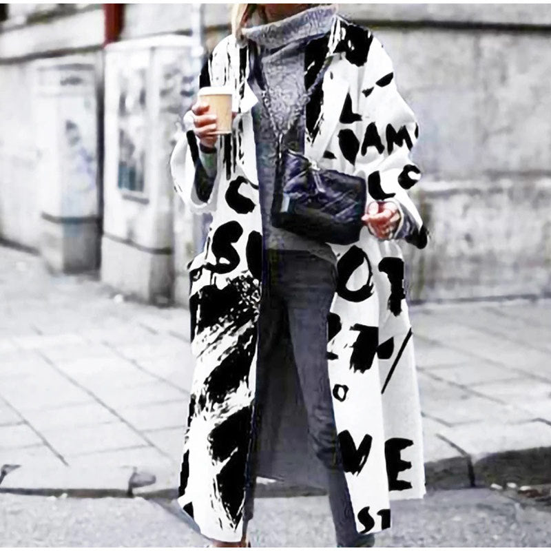 Women's Autumn And Winter Print Long Coat With Long Sleeves DON JUAN