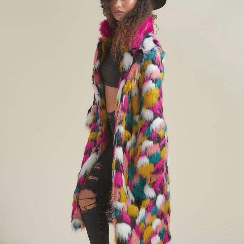 Women's Rainbow Fur Collar Imitation Fur Mid-length Coat DON JUAN