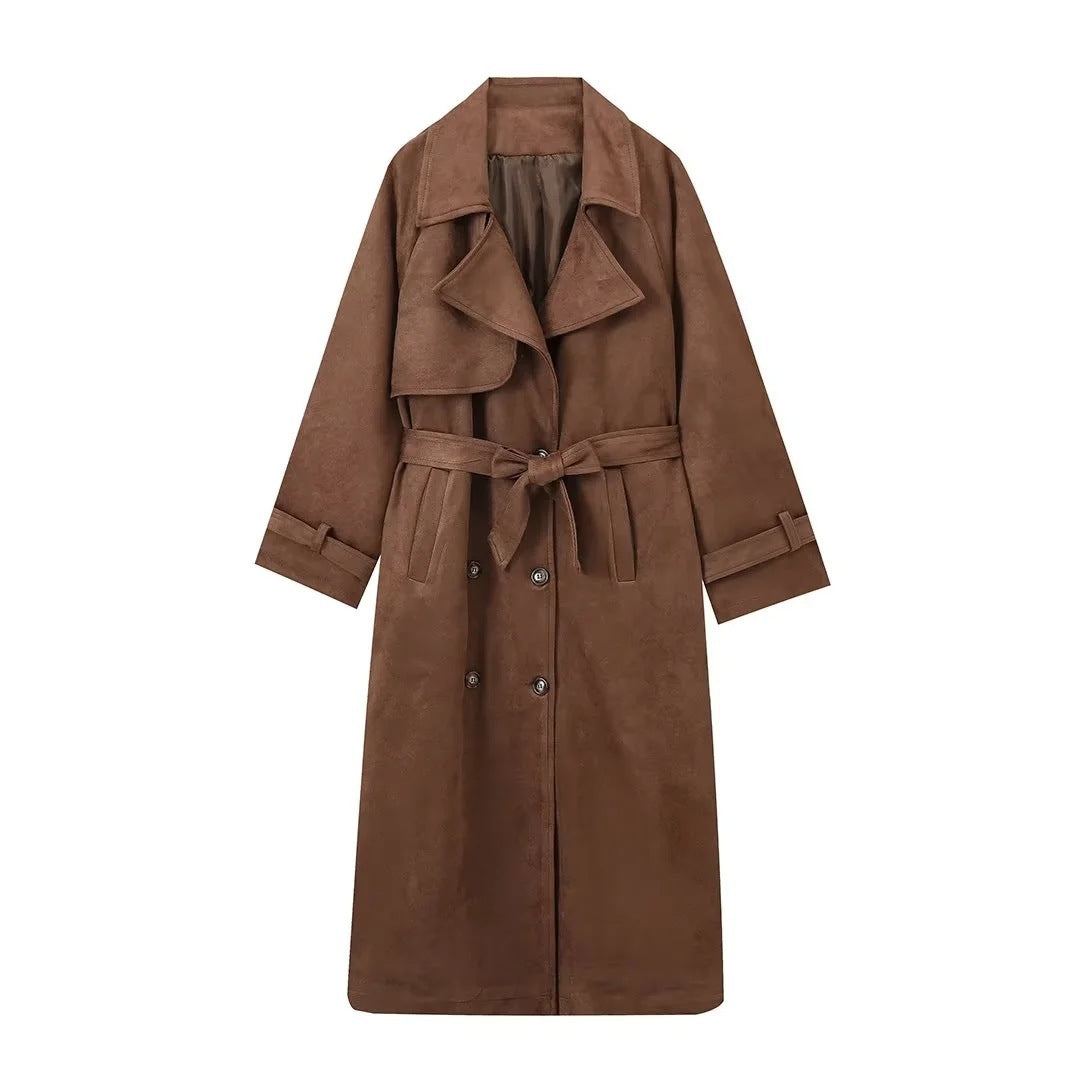 Double Breasted Lapel Shift Coat With Belt Fashion Vintage Suede Long Coat Winter Outwear Women's Clothing DON JUAN