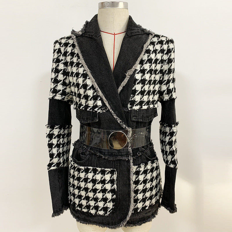 Fashion Trend Tweed Houndstooth Denim Stitching West Assembly Belt DON JUAN