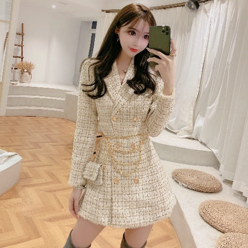 New Gold thread Plaid Suit Coat Women Notched Double breasted Feather Tassel Trim Slim Tweed Jacket With Free Belt bag DON JUAN