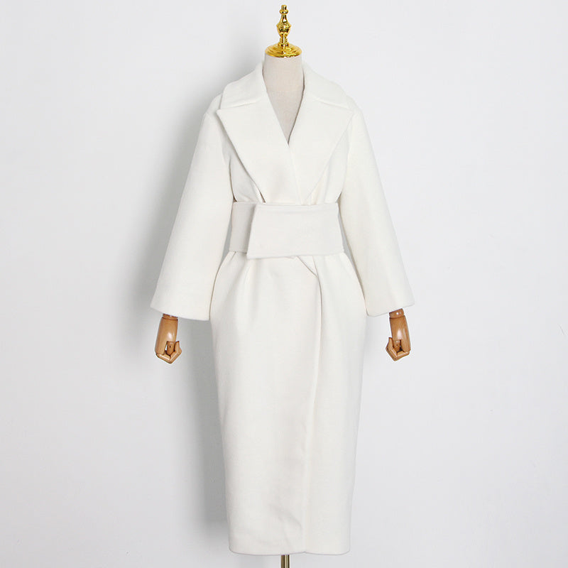 Lapel Waist White Mid-length Woolen Coat DON JUAN