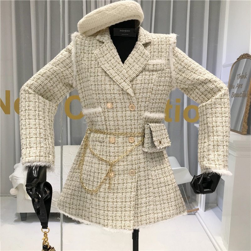 New Gold thread Plaid Suit Coat Women Notched Double breasted Feather Tassel Trim Slim Tweed Jacket With Free Belt bag DON JUAN