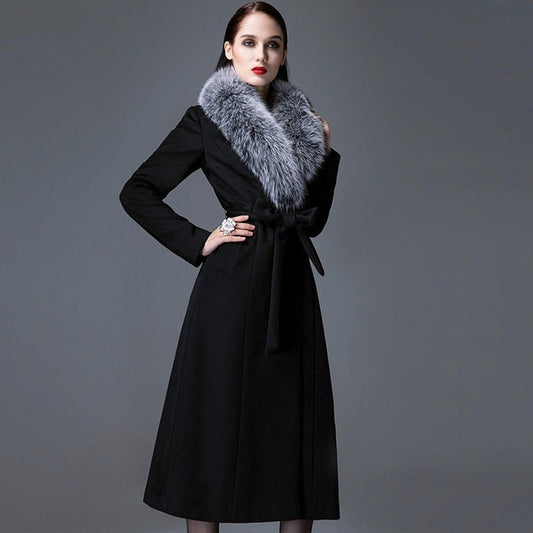 Real Fox Fur Collar Wool Overcoat Super Long Waist DON JUAN