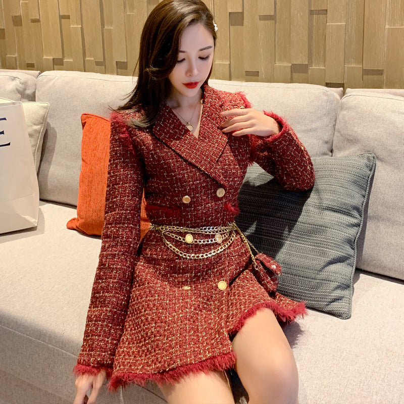 New Gold thread Plaid Suit Coat Women Notched Double breasted Feather Tassel Trim Slim Tweed Jacket With Free Belt bag DON JUAN