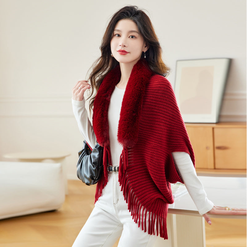 Women's Loose Tassel Fashion Shawl Jacket With Fur Collar DON JUAN