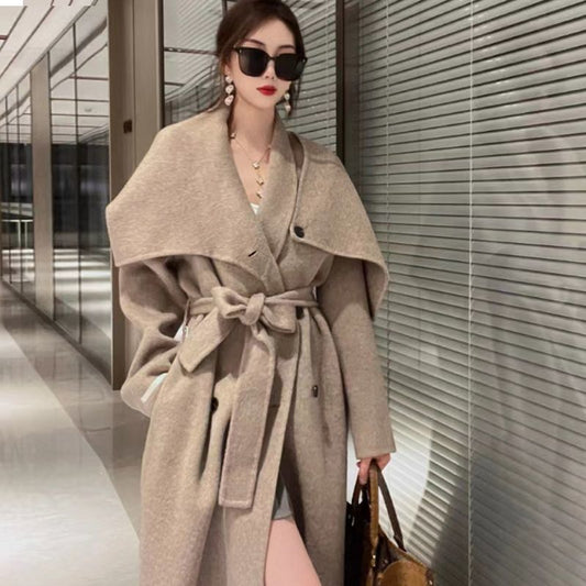 Stylish Wool Coat Elegant Reversible Cashmere Overcoat with Scarf 