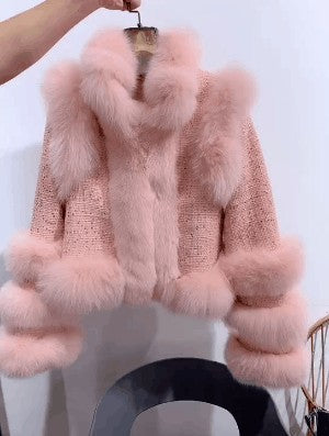 Women's Tweed Wool Blend Coat Fox Fur Detailing for Winter