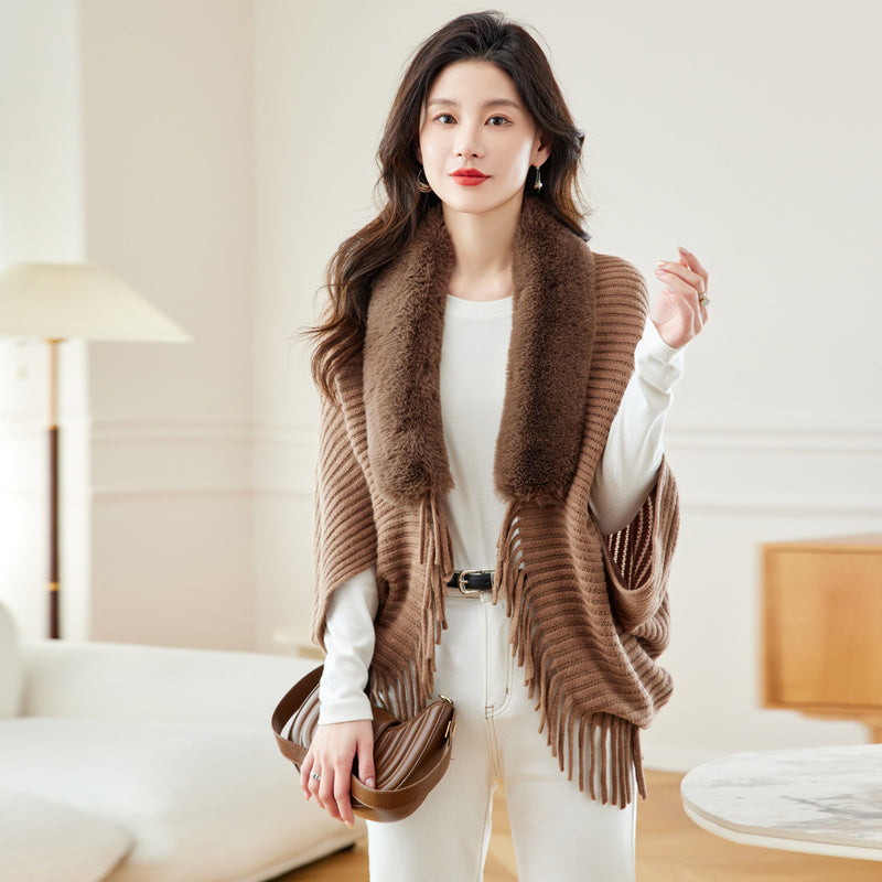 Women's Loose Tassel Fashion Shawl Jacket With Fur Collar DON JUAN