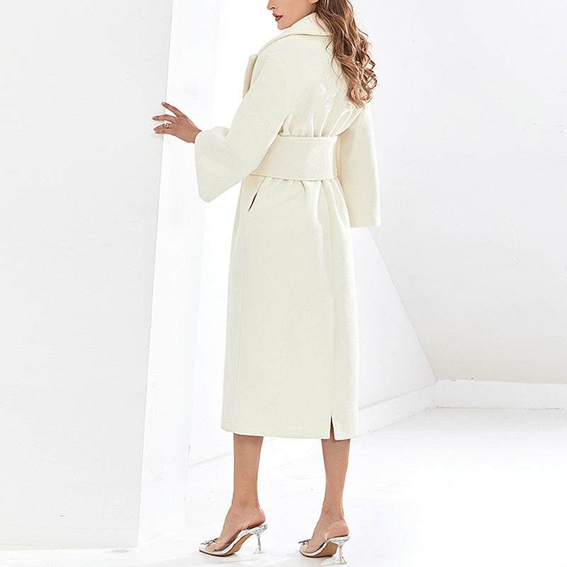 Lapel Waist White Mid-length Woolen Coat DON JUAN