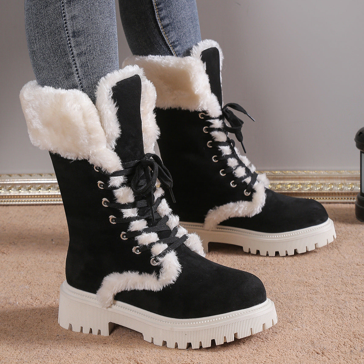 Winter Lace-up Snow Boots For Women Mid-tube Fleece Shoes Warm Chunky Heels Plush Boot DON JUAN