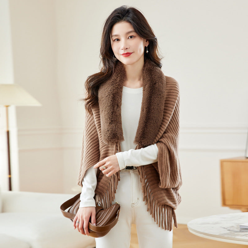 Women's Loose Tassel Fashion Shawl Jacket With Fur Collar DON JUAN