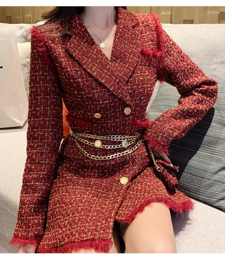 New Gold thread Plaid Suit Coat Women Notched Double breasted Feather Tassel Trim Slim Tweed Jacket With Free Belt bag DON JUAN