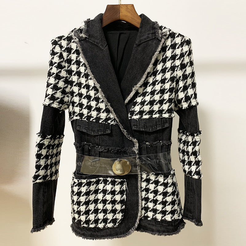 Fashion Trend Tweed Houndstooth Denim Stitching West Assembly Belt DON JUAN