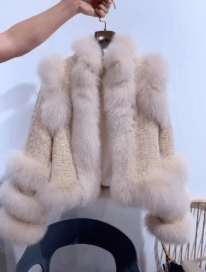 Women's Tweed Wool Blend Coat Fox Fur Detailing for Winter