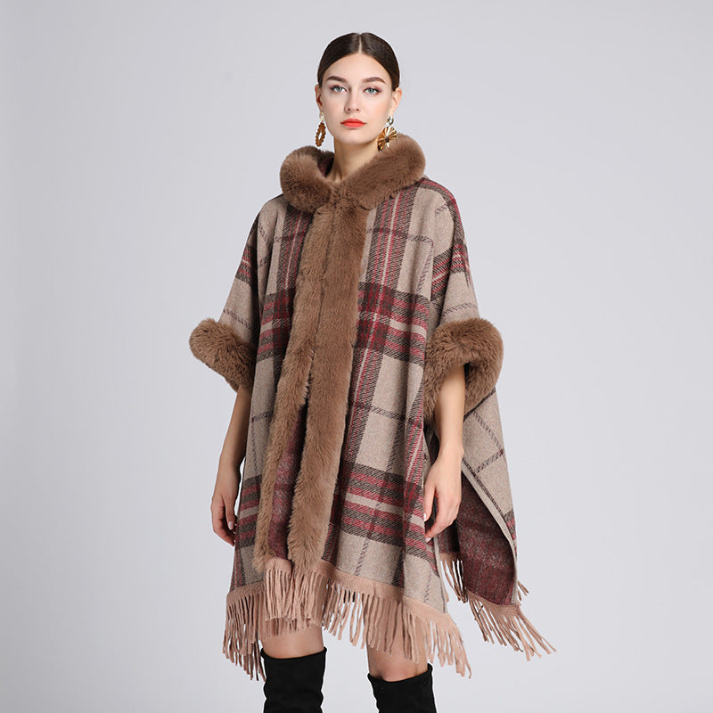 Loose Plaid Plus Cashmere Fur Collar Knitted Inverness DON JUAN