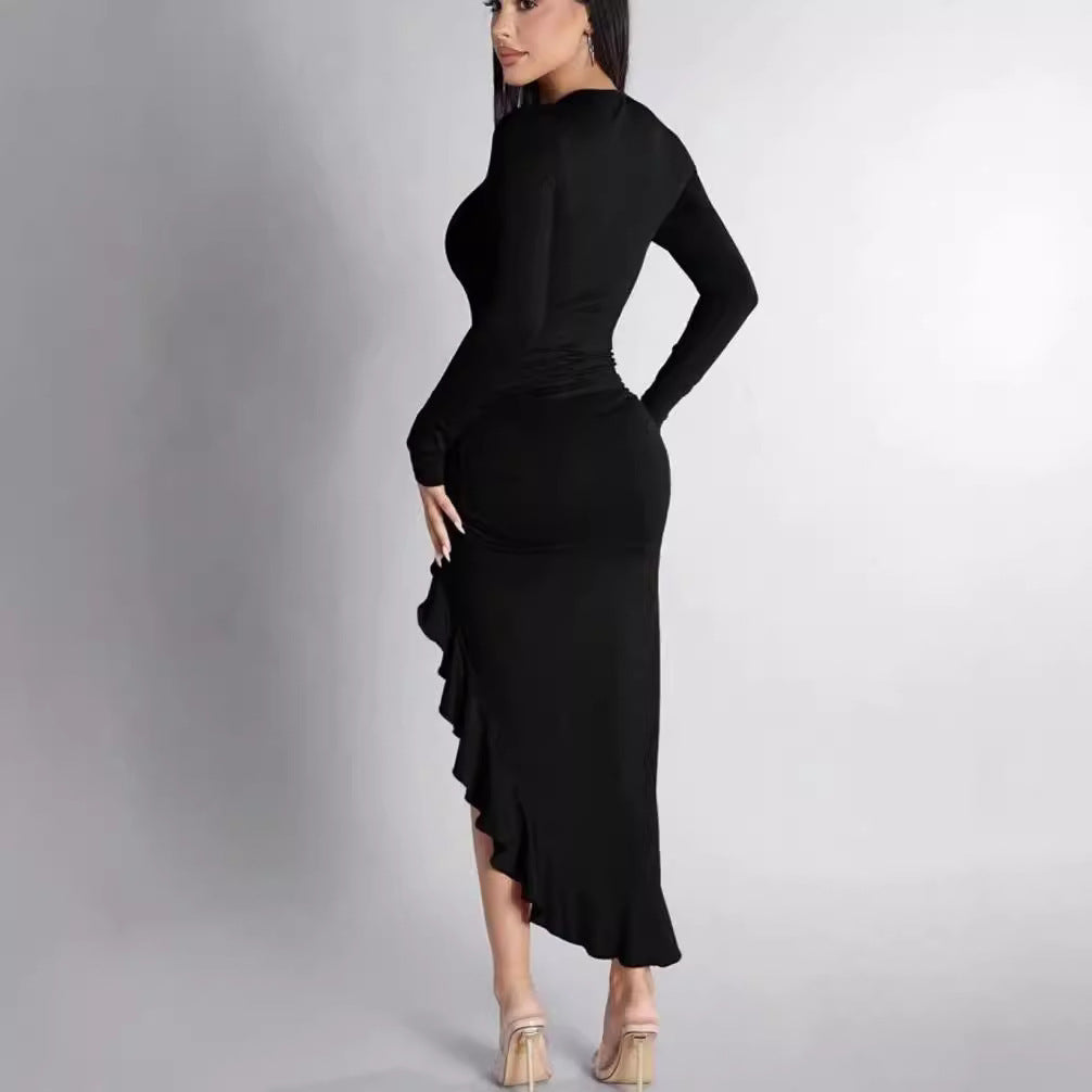 Round Neck Long Sleeve Slim Solid Color Frill Split Ruffled Dress DON JUAN