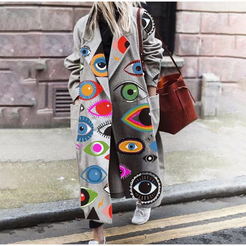 Women's Autumn And Winter Print Long Coat With Long Sleeves DON JUAN