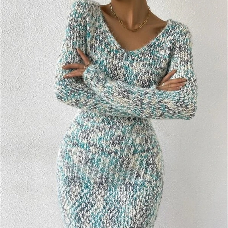 V-neck Slim-fit Two-tone Knitted Long Sleeve Sweater Color-matching Dress DON JUAN