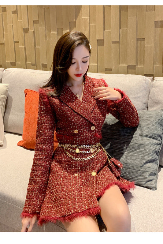 New Gold thread Plaid Suit Coat Women Notched Double breasted Feather Tassel Trim Slim Tweed Jacket With Free Belt bag DON JUAN