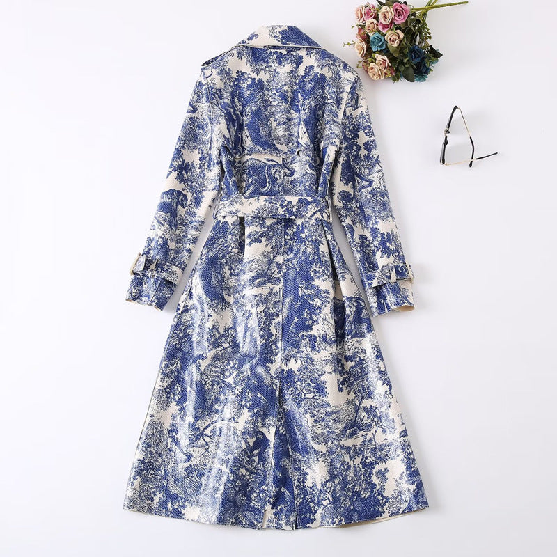 Retro Style Waist-controlled Lace-up Animal Print Long Sleeve Trench Coat DON JUAN