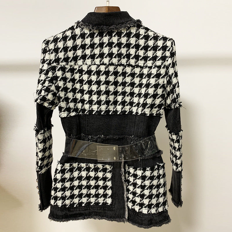 Fashion Trend Tweed Houndstooth Denim Stitching West Assembly Belt DON JUAN