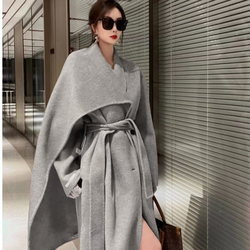 Stylish Wool Coat Elegant Reversible Cashmere Overcoat with Scarf 