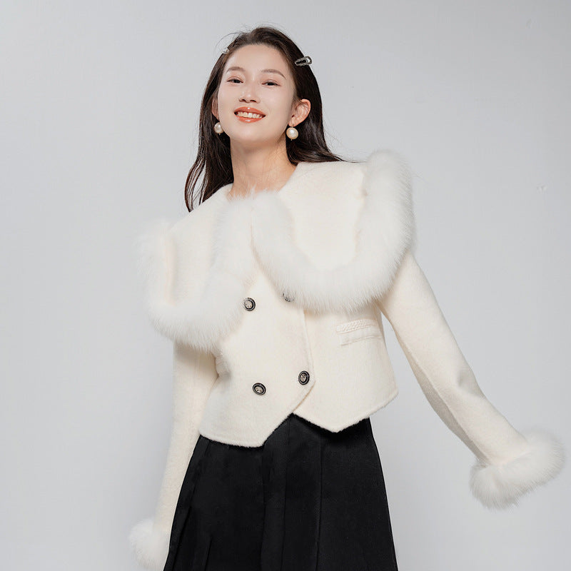 Fox Fur Lapel Sweet Small Short High Waist Woolen Coat DON JUAN