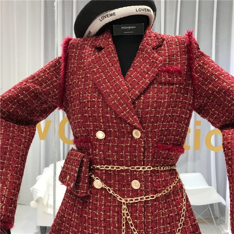 New Gold thread Plaid Suit Coat Women Notched Double breasted Feather Tassel Trim Slim Tweed Jacket With Free Belt bag DON JUAN